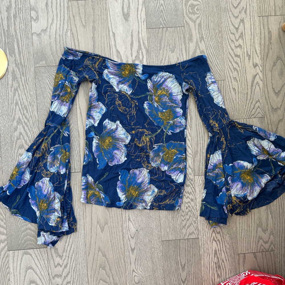 Free People Birds of Paradise Boho Top Off Shoulder Blue Floral S